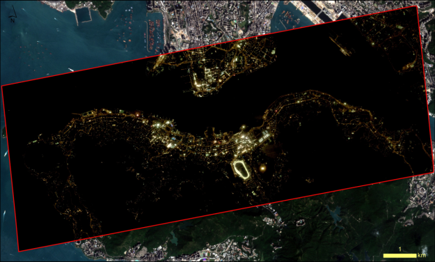 Ultra-high-resolution (inside the red frame, spatial resolution around 1m) images captured by the Jilin-1 satellite system. Image credit: Hong Kong Light Pollution Research Project Team, HKU.